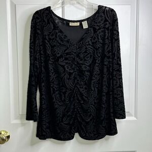 apostrophe Burn Out Velour Top Womens 16W-18W Ruched Front V Neck 3/4 Sleeve Y2K